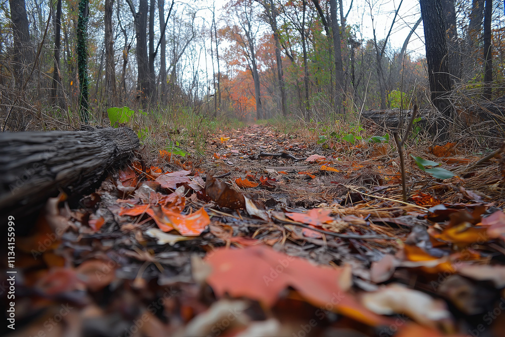 A serene autumn forest with fallen orange and red leaves carpeting the ground A serene autumn forest with fallen orange and red leaves carpeting the ground