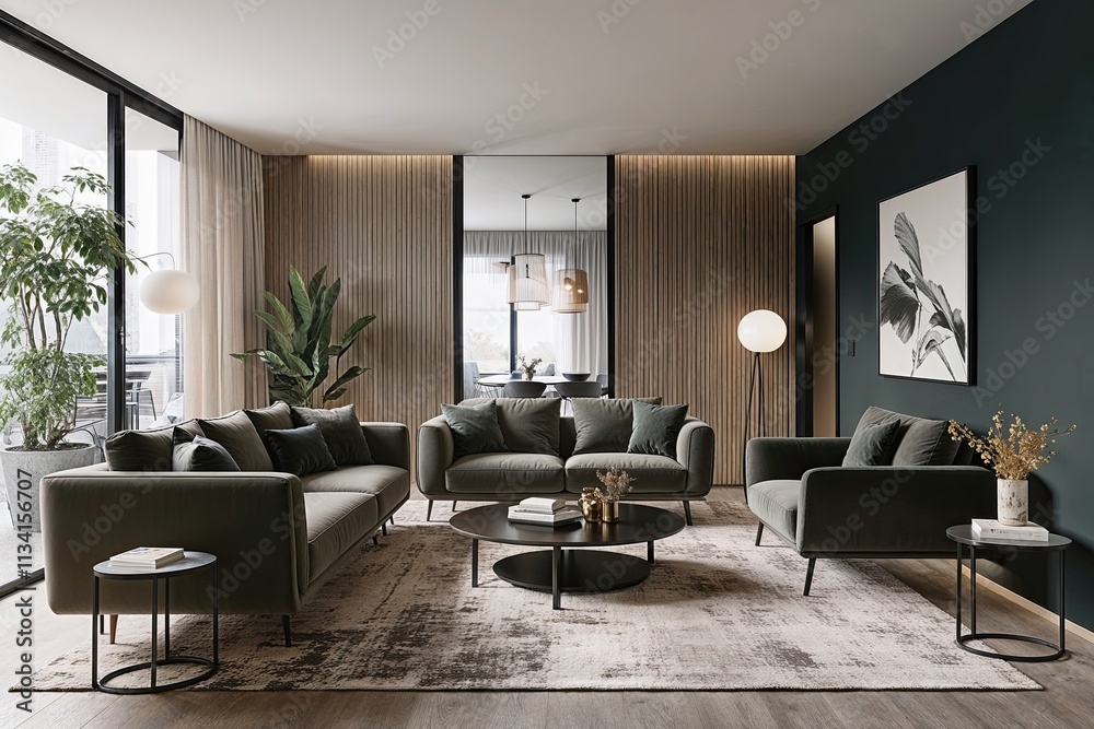 Fototapeta premium Modern Living Room 3D Visualization Cozy Mockup with Sleek Furniture and Contemporary Design