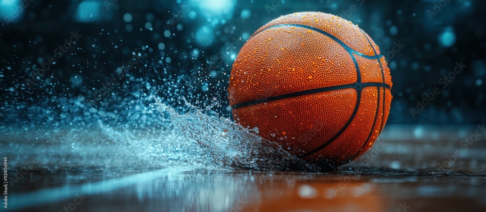 Wet basketball on court with splashing water.