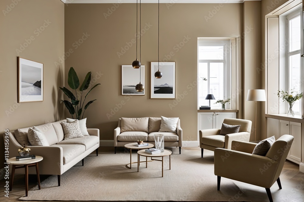 Fototapeta premium Chic Minimalist Beige Lounge Decor with Scandinavian Style Ambiance