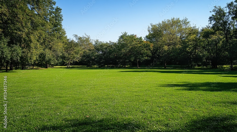 Lush Green Open Field Surrounded by Vibrant Trees Under Clear Blue Sky in a Peaceful Natural Setting Ideal for Relaxation and Outdoor Activities Lush Green Open Field Surrounded by Vibrant Trees Under Clear Blue Sky in a Peaceful Natural Setting Ideal for Relaxation and Outdoor Activities