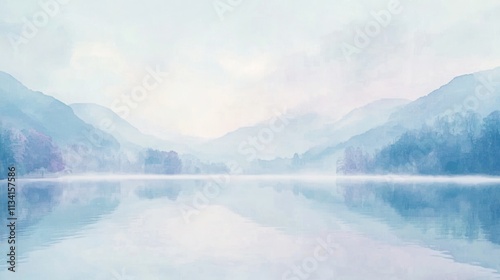 Serene, tranquil lake scene in pastel hues, misty mountains reflecting on calm water.