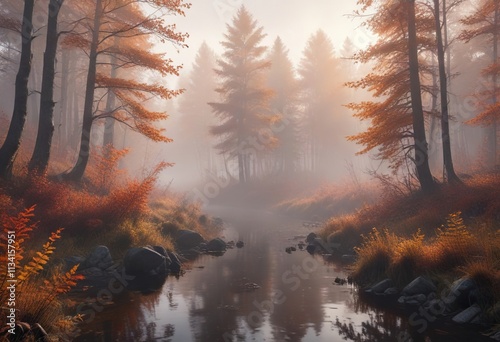 Atmospheric mist or fog adding mystery to an autumn forest scene near the Mechka River source, autumn, natural beauty, mysterious landscape photo