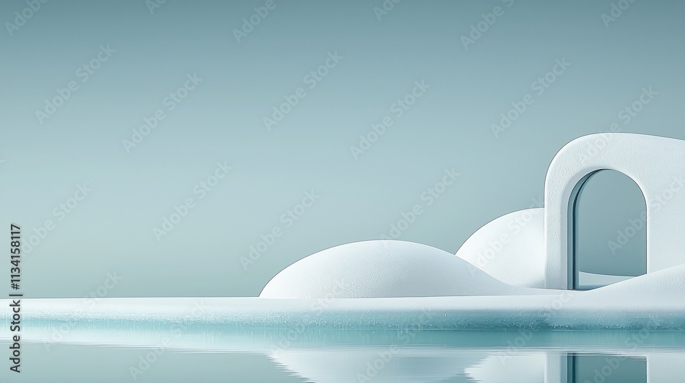 Minimalist snowy landscape with arched window.