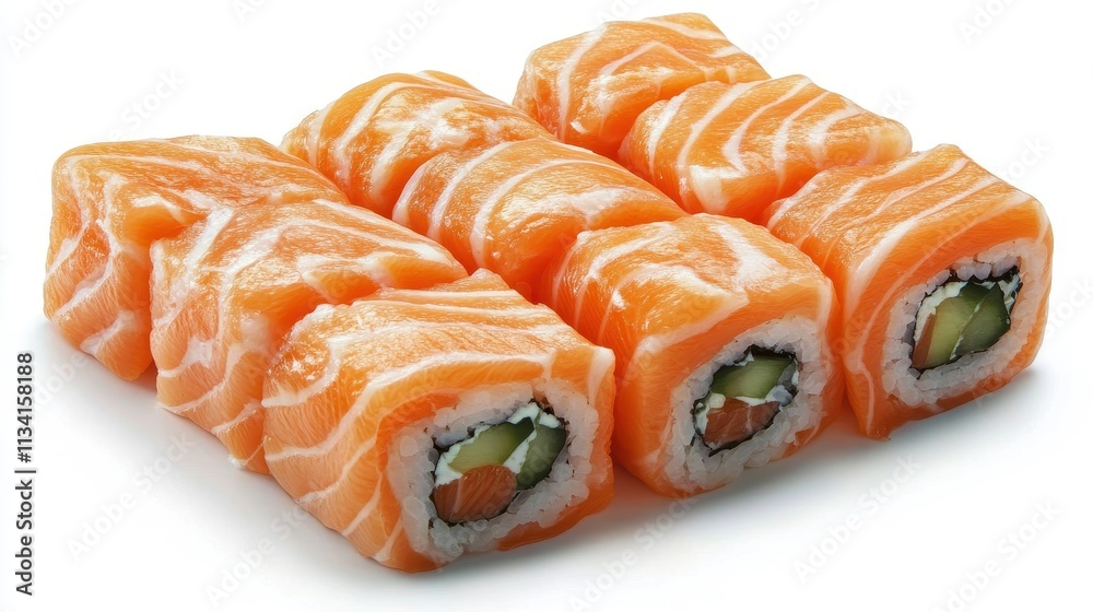 Freshly Prepared Sushi Rolls with Salmon and Avocado, Featuring a Colorful Presentation Ideal for Culinary Displays and Food Photography Freshly Prepared Sushi Rolls with Salmon and Avocado, Featuring a Colorful Presentation Ideal for Culinary Displays and Food Photography