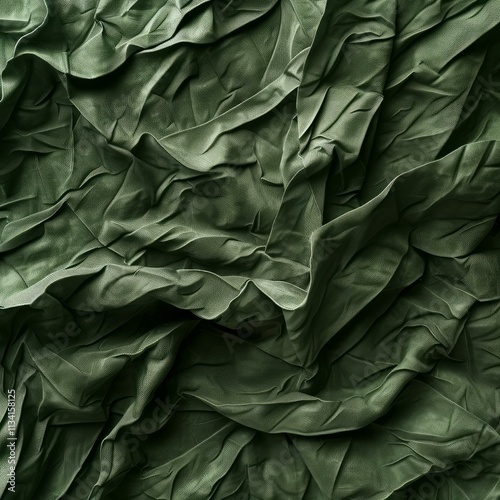 Green fabric with folds and wrinkles creating an abstract textured background