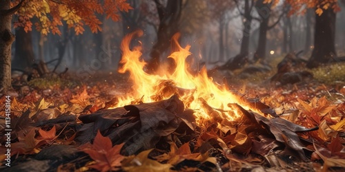 Smoke and flames bursting through the rustling autumn leaves, flickering tongues of fire, chaotic , crackling photo