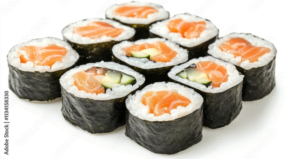 Freshly Made Sushi Rolls with Salmon and Cucumber, Placed Neatly in a Triangular Arrangement for a Vibrant Culinary Presentation on a White Background Freshly Made Sushi Rolls with Salmon and Cucumber, Placed Neatly in a Triangular Arrangement for a Vibrant Culinary Presentation on a White Background