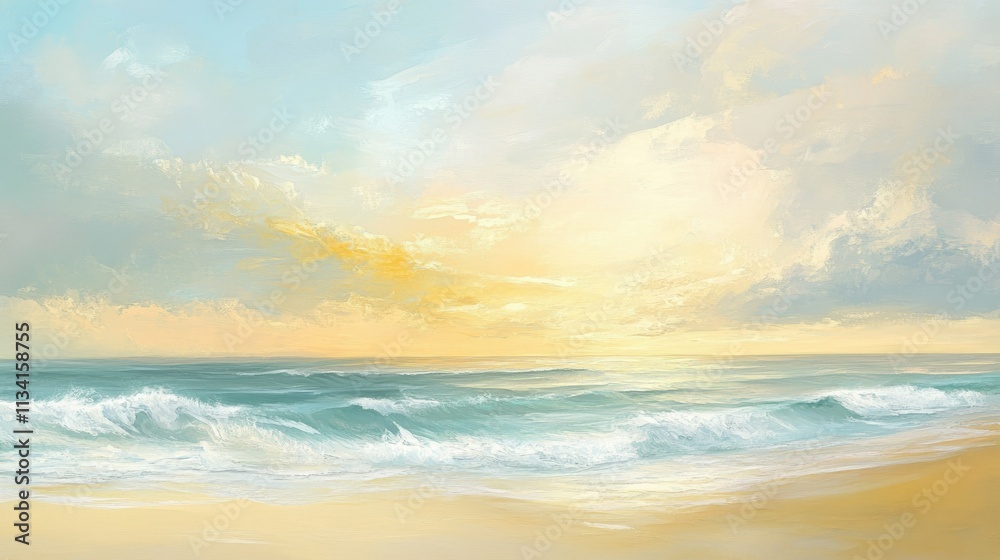 Obraz premium Tranquil Sunset Over Ocean Waves with Soft Clouds and Gentle Shoreline in a Serene Coastal Landscape