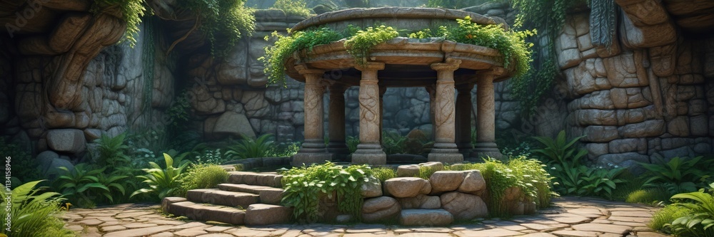 custom made wallpaper toronto digitalAncient stone well with intricately carved stones and lush greenery, overgrown vegetation, ancient architecture, blue skies