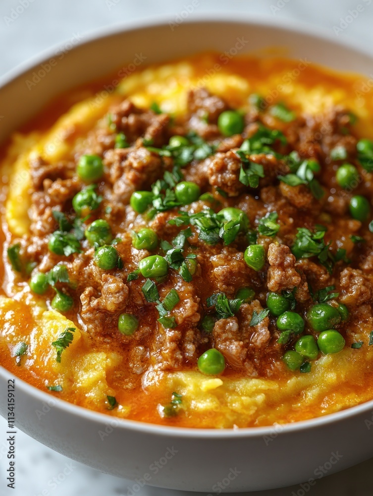 A bowl of creamy polenta topped with savory meat and green peas. A bowl of creamy polenta topped with savory meat and green peas.