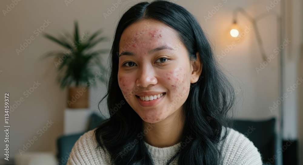 Young asian female with acne smiling in cozy indoor setting for skincare and confidence theme Young asian female with acne smiling in cozy indoor setting for skincare and confidence theme