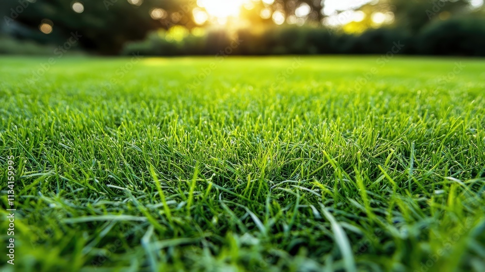 Fototapeta premium Lush Green Grass Field Bathed in Warm Sunlight with a Scenic Background of Trees and Nature for Tranquil Outdoor Spaces and Landscapes