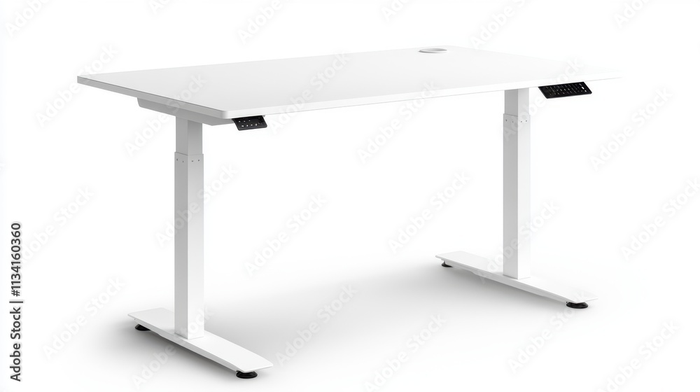 A clean electric standing desk with a modern design, isolated on a white background