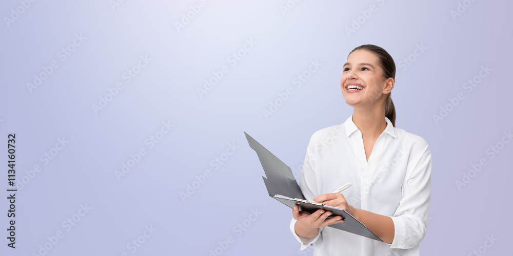 Businesswoman holding folder and pen, smiling confidently agains