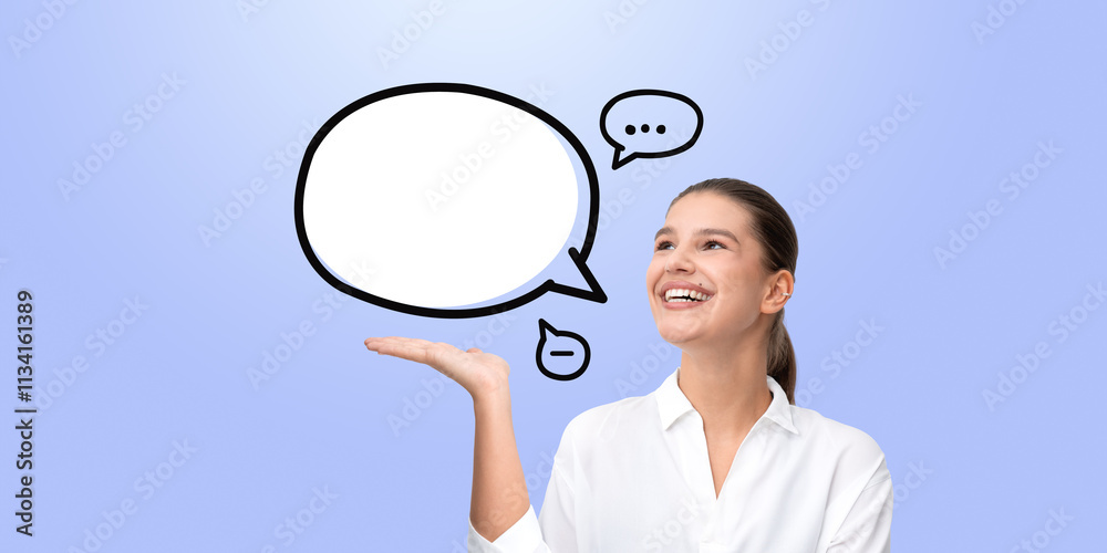 Woman smiling with hand raised, holding empty speech bubble mock Woman smiling with hand raised, holding empty speech bubble mock
