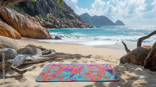 A colorful yoga mat on the beach surrounded by smooth stones. The waves rush ashore, framing the distant mountains and creating a stunning view of the ocean. photo