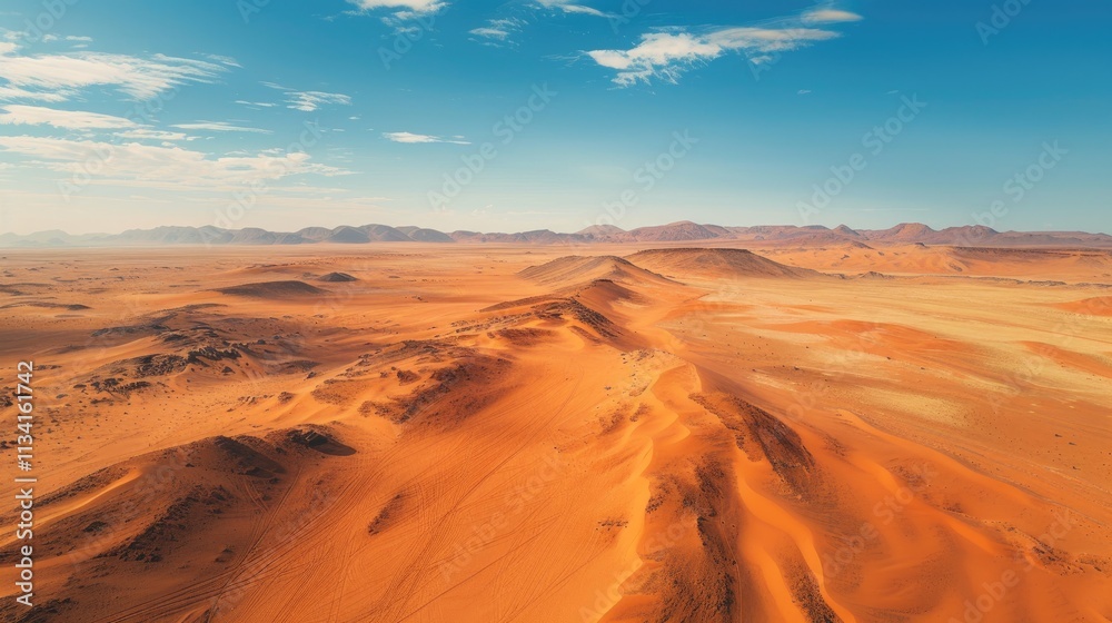 cinematic photography drone angle looking down on to dusty arid desert, vibrant red sand, epic view, blue sky cinematic photography drone angle looking down on to dusty arid desert, vibrant red sand, epic view, blue sky