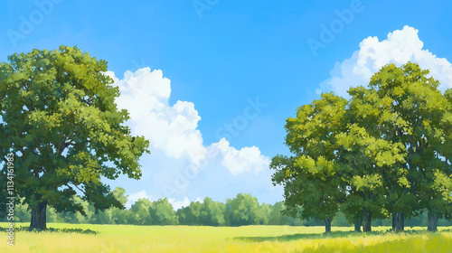 A tranquil summer landscape featuring two large oak trees standing tall in a golden field under a bright blue sky with fluffy clouds.