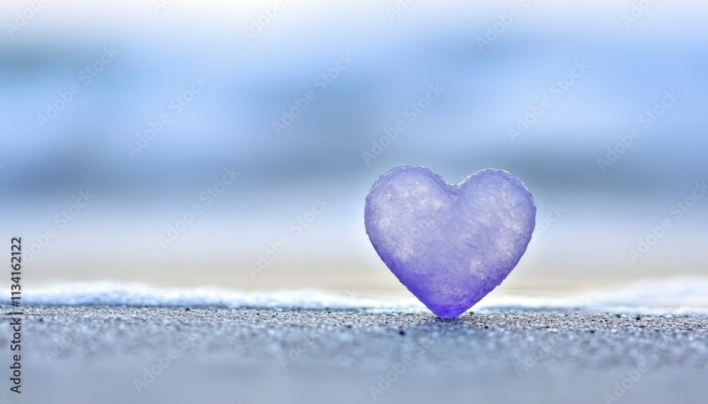 A purple heart-shaped object on a sandy beach with a blurred background. A purple heart-shaped object on a sandy beach with a blurred background.