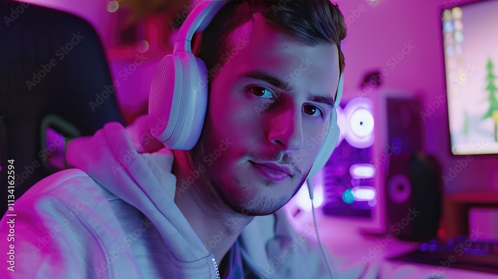 Cinematic shot of an influencer talking to the camera while streaming, wearing white headphones and sitting in front of his gaming setup with purple lighting Cinematic shot of an influencer talking to the camera while streaming, wearing white headphones and sitting in front of his gaming setup with purple lighting