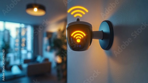 Wi-Fi enabled home security camera in a modern interior photo