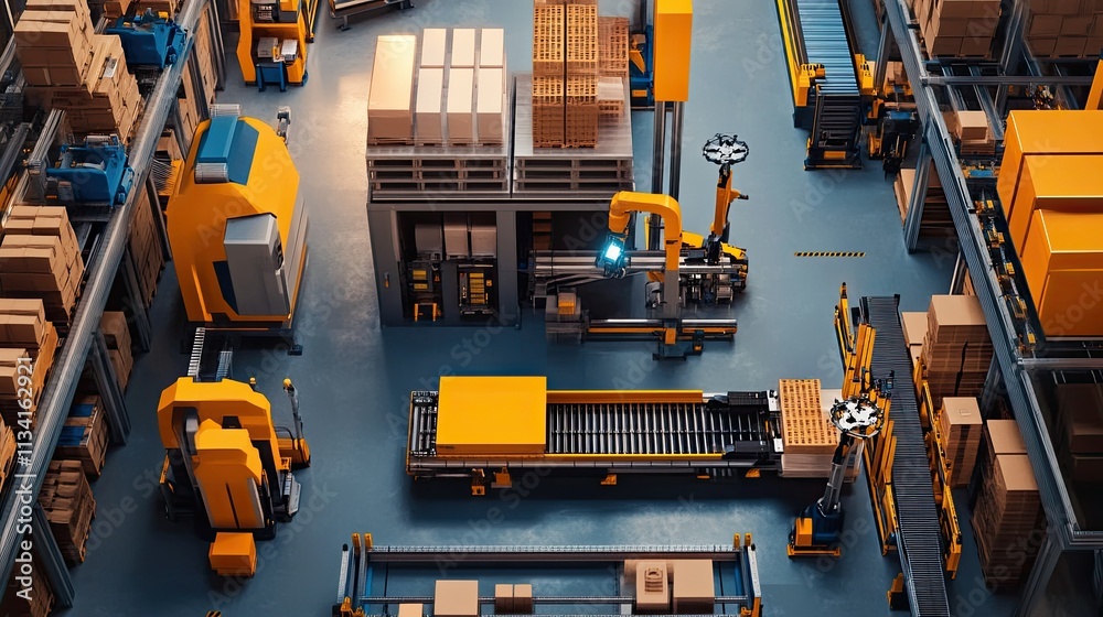 Aerial View of Automated Warehouse with Robotics and Conveyor Systems for Efficient Logistics Management and Streamlined Supply Chain Operations Aerial View of Automated Warehouse with Robotics and Conveyor Systems for Efficient Logistics Management and Streamlined Supply Chain Operations