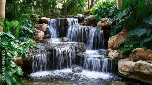 Serene Waterfall Cascading Through Lush Greenery in a Tropical Garden Oasis, Surrounded by Rocks and Vibrant Foliage in a Peaceful Natural Setting