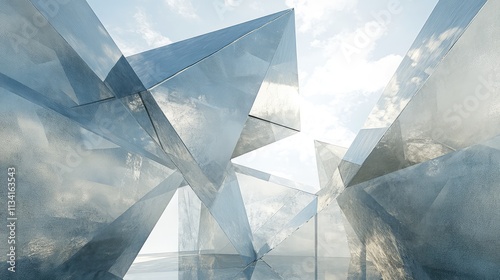 A conceptual structure with overlapping angular glass panels, creating kaleidoscopic reflections under the sunlight