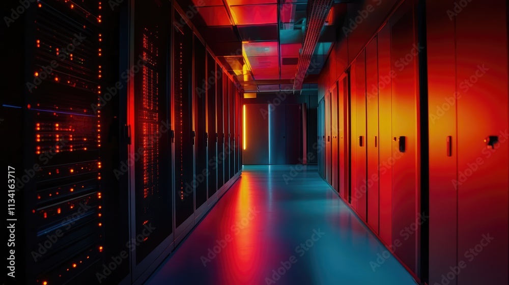 The bright lights of data storage systems contrast against the dark background of the server room. The bright lights of data storage systems contrast against the dark background of the server room.