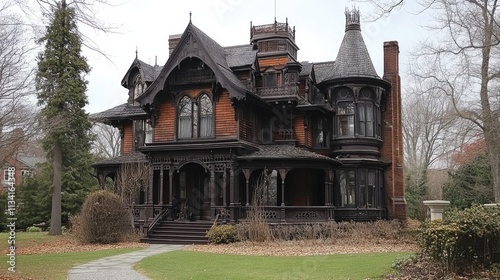 The Charles Haskell House, constructed in 1879, is a historical residence located at 27 Sargent Street in Newton, Massachusetts, USA. The house showcases a Victorian Gothic architectural style. photo