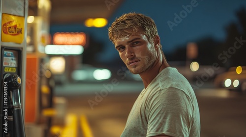 Portrait of a man at a gas station at night photo