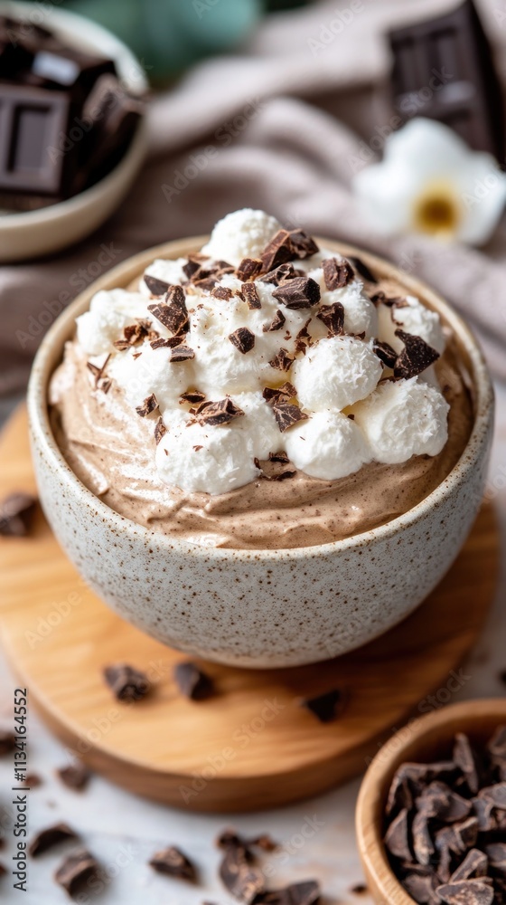 A delicious dessert featuring whipped cream, chocolate shavings, and a creamy mousse. A delicious dessert featuring whipped cream, chocolate shavings, and a creamy mousse.