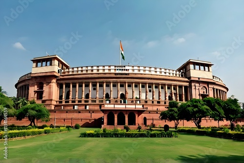 Majestic Circular Dome of Indian Parliament Building Against Blue Sky with Lush Green Lawns in the Foreground – A Panoramic View of Architectural Elegance.