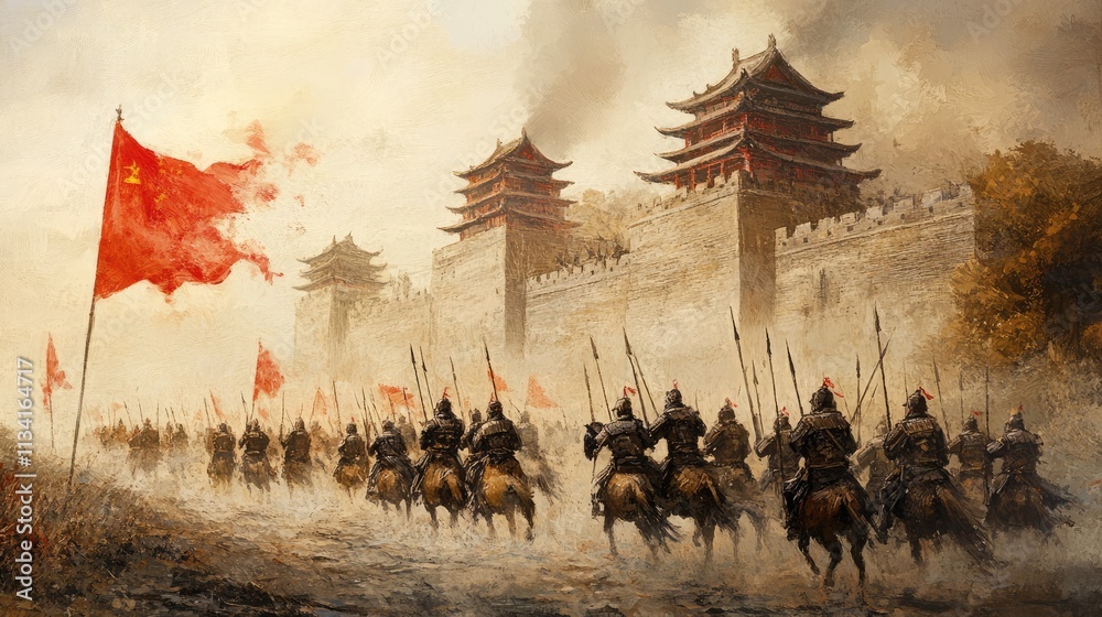 The China ancient army is preparing for battle. A formation of China ancient soldiers. Art.