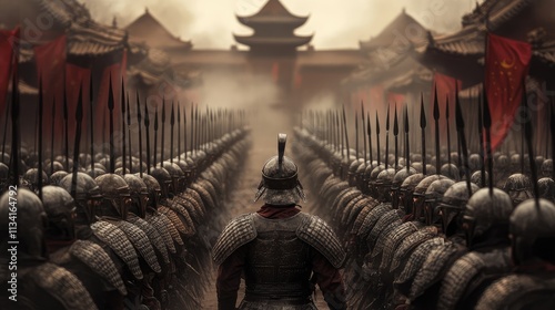 The China ancient army is preparing for battle. A formation of China ancient soldiers. Art.
