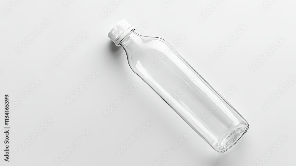 Naklejka premium Empty Clear Glass Bottle with White Cap on a Minimalist Background for Use in Beverage Packaging, Health, Eco-Friendly Concepts, and Mockup Designs