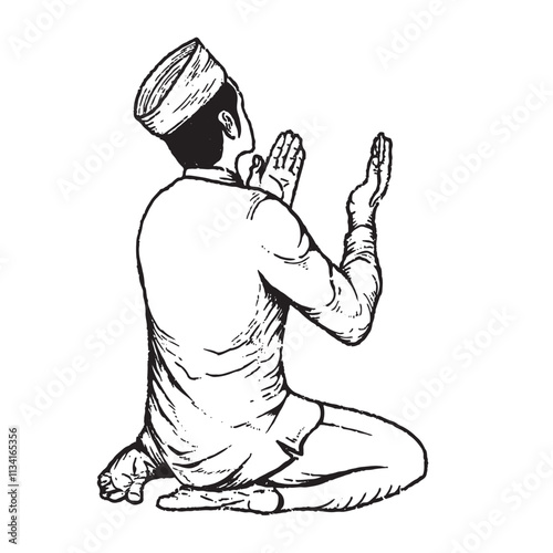 Vector illustration of a man praying after performing salah in the month of Ramadan.