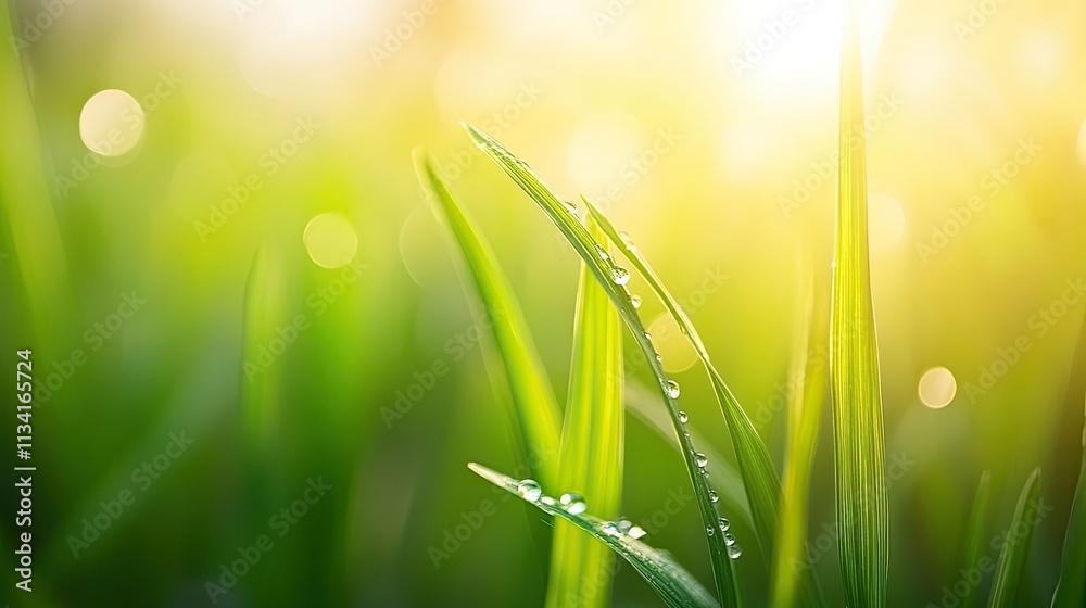 Fototapeta premium Dewy Green Grass Blades Glimmering Under Soft Morning Light with a Background of Vibrant Nature Creating a Serene and Refreshing Outdoor Atmosphere