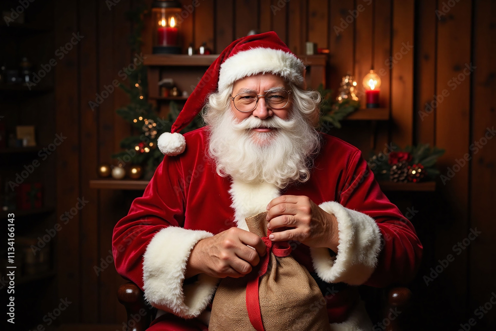 Santa Claus tying burlap sack in cozy room Santa Claus tying burlap sack in cozy room