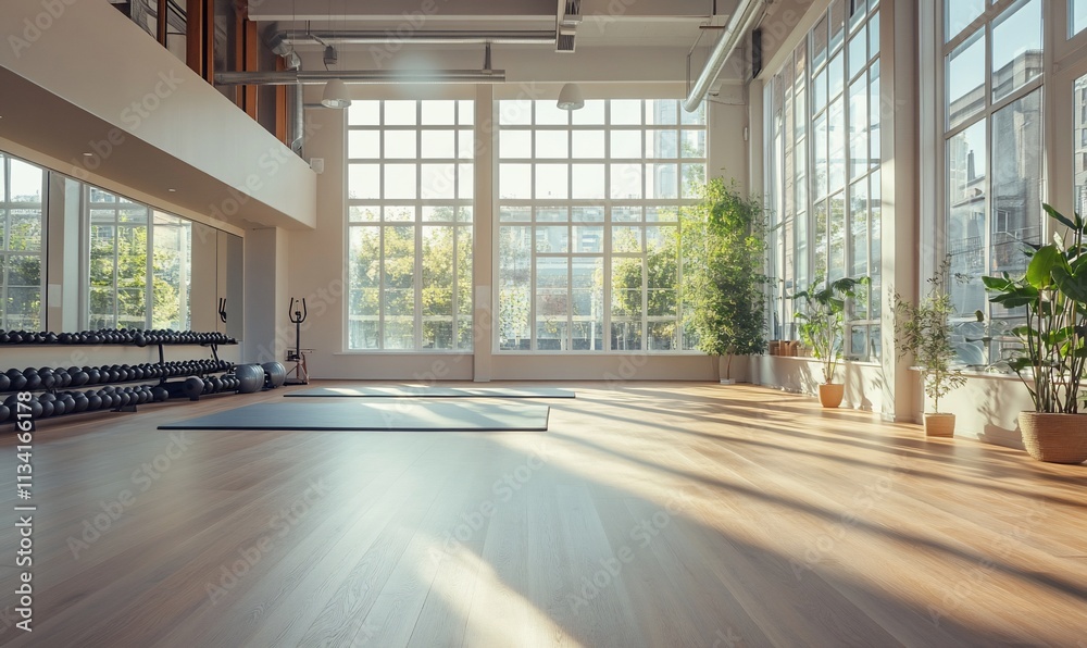 Bright fitness studio with wooden floors and large windows. Bright fitness studio with wooden floors and large windows.