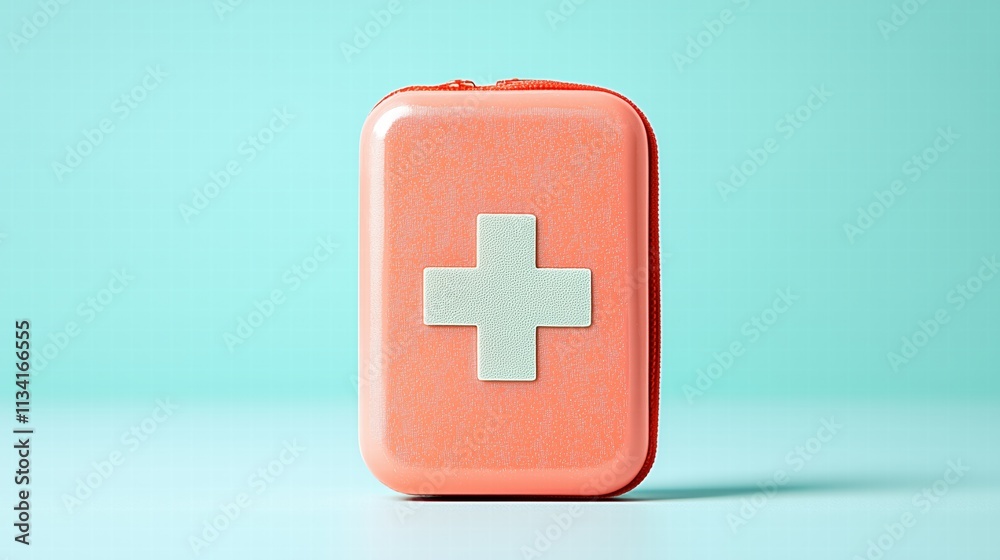 Obraz premium Compact coral first aid kit against teal background. Portable healthcare solutions