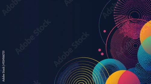 Circles and lines vivid colours, graphic design, for ppt presentation, solid dark blue texture background