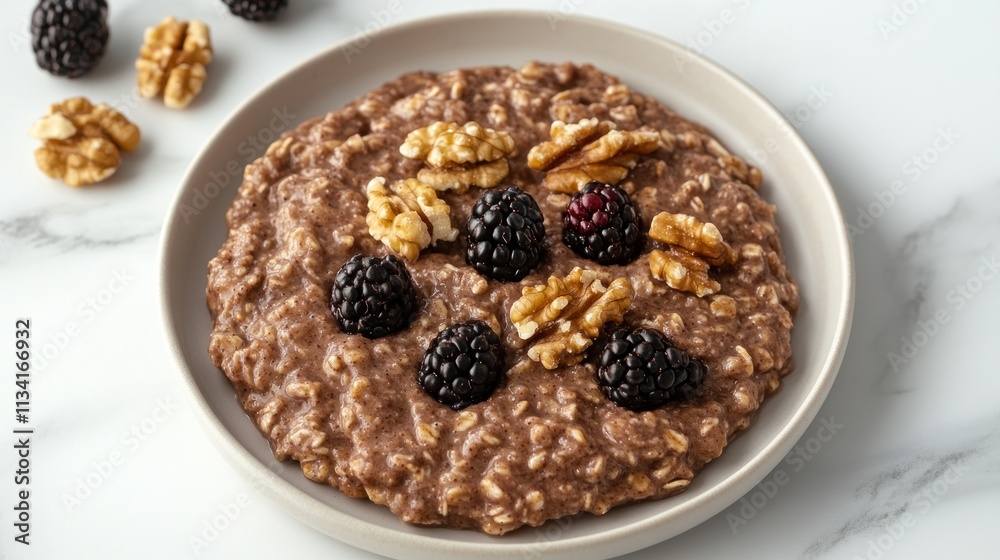 A bowl of chocolate oatmeal topped with blackberries and walnuts.