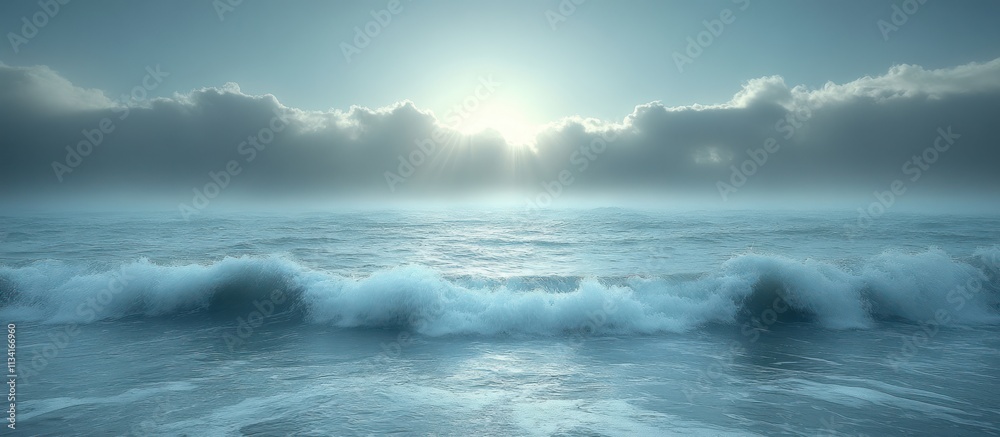 Serene ocean waves crashing on shore under a cloudy sky. Serene ocean waves crashing on shore under a cloudy sky.