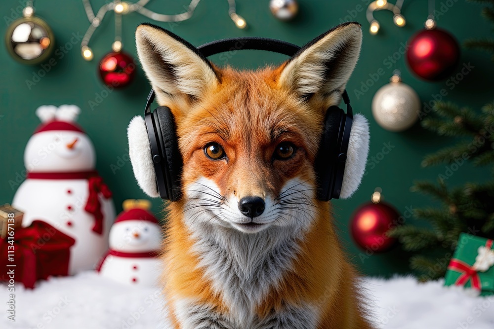 Fototapeta premium Cheerful Fox Wearing Earmuffs in a Joyful Winter Scene