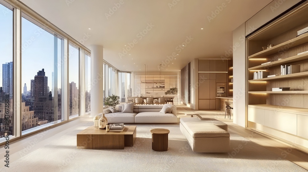 Fototapeta premium A contemporary minimalist apartment with open shelving, large windows, and light-colored furniture to enhance the airy feel