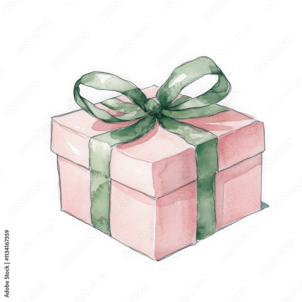 Obraz premium Watercolor illustration of a pastel gift box with a green ribbon. Ideal for cards, posters, stickers, and crafts.