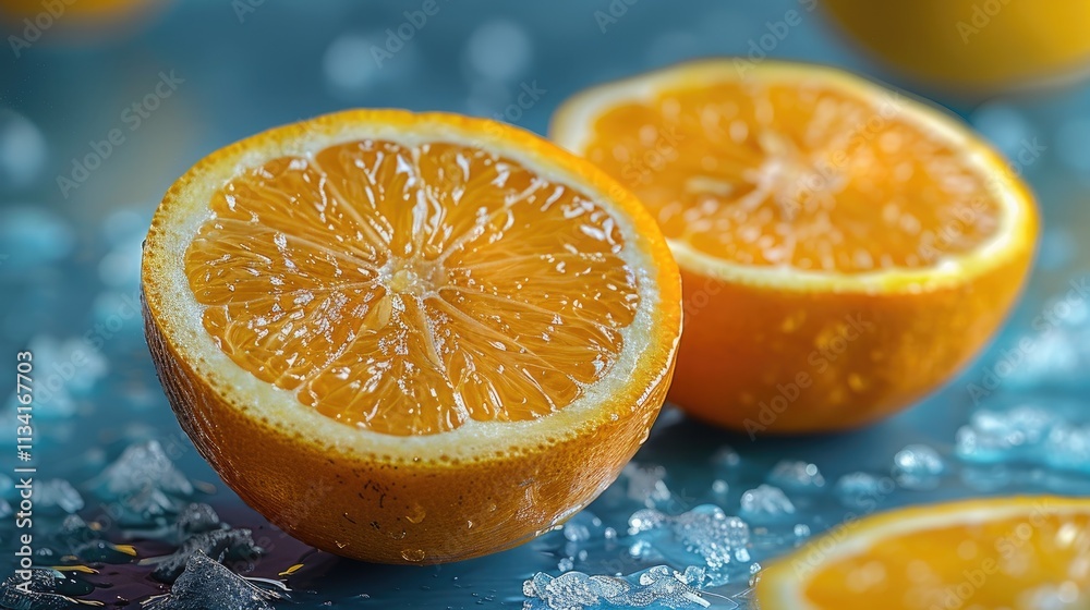 Citrus, citrus cut in half, blue sky background, atmospheric lighting, advertising photography, ultra-detailed, ultra-high definition Citrus, citrus cut in half, blue sky background, atmospheric lighting, advertising photography, ultra-detailed, ultra-high definition