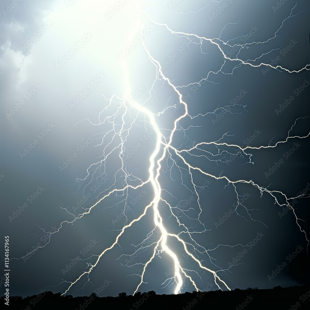 Powerful lightning bolt illuminating dark stormy sky above horizon Powerful lightning bolt illuminating dark stormy sky above horizon